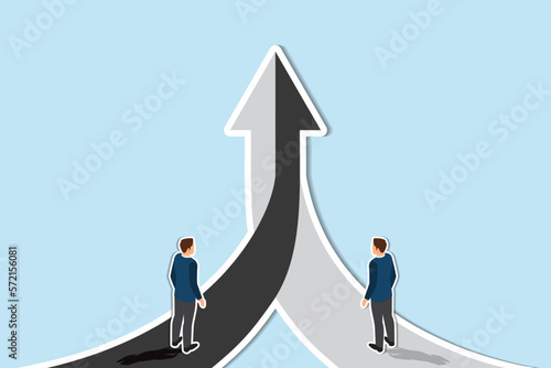 Businessman follow a arrows for business opportunities. visionary leadership different business routes but same destination. Symbol of ambition, motivation and long road ahead. paper cut style