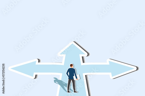 businessman walk in front of a crossroad with road split in three different ways as arrows in paper cut style