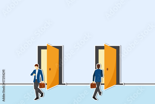 Staff turnover or job rotation in people management, human resources to manage to recruit new people for replacement concept, businessman new hire entering office while other resigned for new job. pap