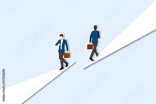 Business dispute or disagreement vector concept with two businessman walking away from each other. Symbol of miscommunication, conflict, argument. Eps10 illustration. paper cut style