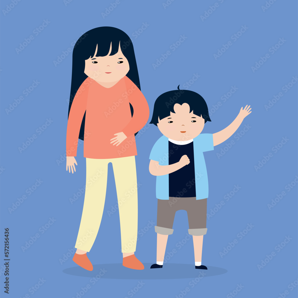 Mother and son standing together. Vector illustration in a flat style.