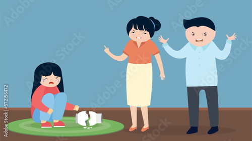 Illustration of parents scold daughter for broken vase, vector illustration.