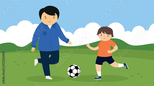 Father and son playing soccer in the park. Flat style vector illustration.