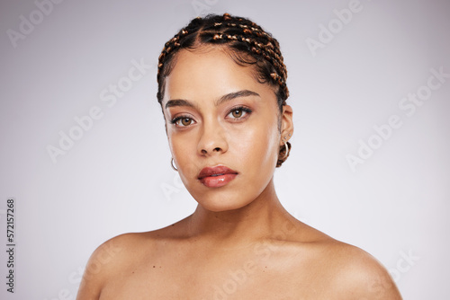 Portrait, face or model with beauty after skincare or self care routine isolated on studio background. Girl headshot, relax or beautiful Latino woman with natural facial treatment or grooming results