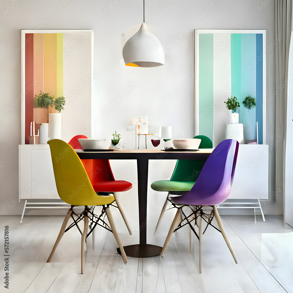 Bright and cozy modern dining room interior with multicolor furniture and decoration room on empty white or white wall background, Ai generated
Bright and cozy modern dining room interior with multicolor furniture and decoration room on empty white or white wall background, Ai generated