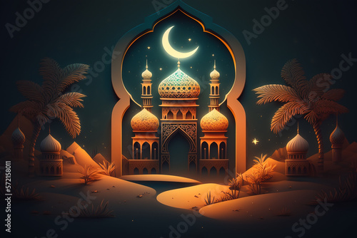 Ramadan Kareem background banner. Islamic Greeting Cards for Muslim Holidays and Ramadan. Blue banner with moon and lantern.
