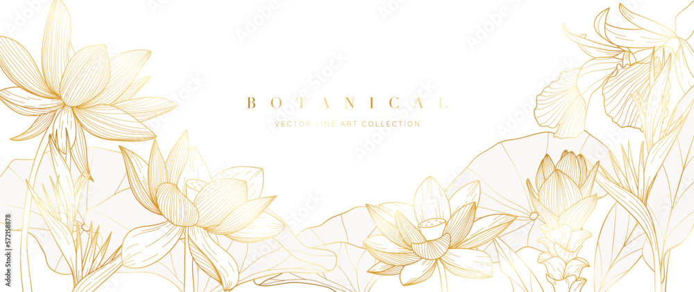 Luxury tropical flower golden line art wallpaper. Elegant botanical lotus and exotic wildflowers background. Delicate design for decorative, wedding card, home decor, packaging, print, cover, banner. - obrazy, fototapety, plakaty 