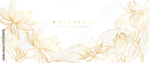 Luxury tropical flower golden line art wallpaper. Elegant botanical lotus and exotic wildflowers background. Delicate design for decorative, wedding card, home decor, packaging, print, cover, banner.