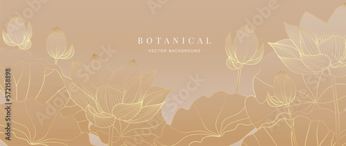 Luxury tropical flower golden line art wallpaper. Elegant botanical lotus flowers and leaves background. Delicate design for decorative, wedding card, home decor, packaging, print, cover, banner.
