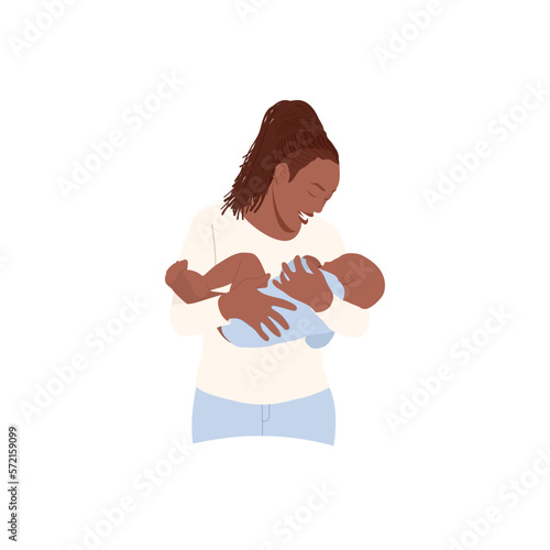 African American woman feeding infant with breastmilk. Mother holding her child, who suckling breast. Dark skinned mom breastfeeding her newborn baby. Vector illustration isolated on white background