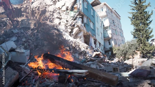 Buildings destroyed in the earthquake.
The fire burned at the head of the wreck. Search and rescue activities. Heavily destroyed buildings. Turkey Earthquake – Hatay - 6 February 2023.

