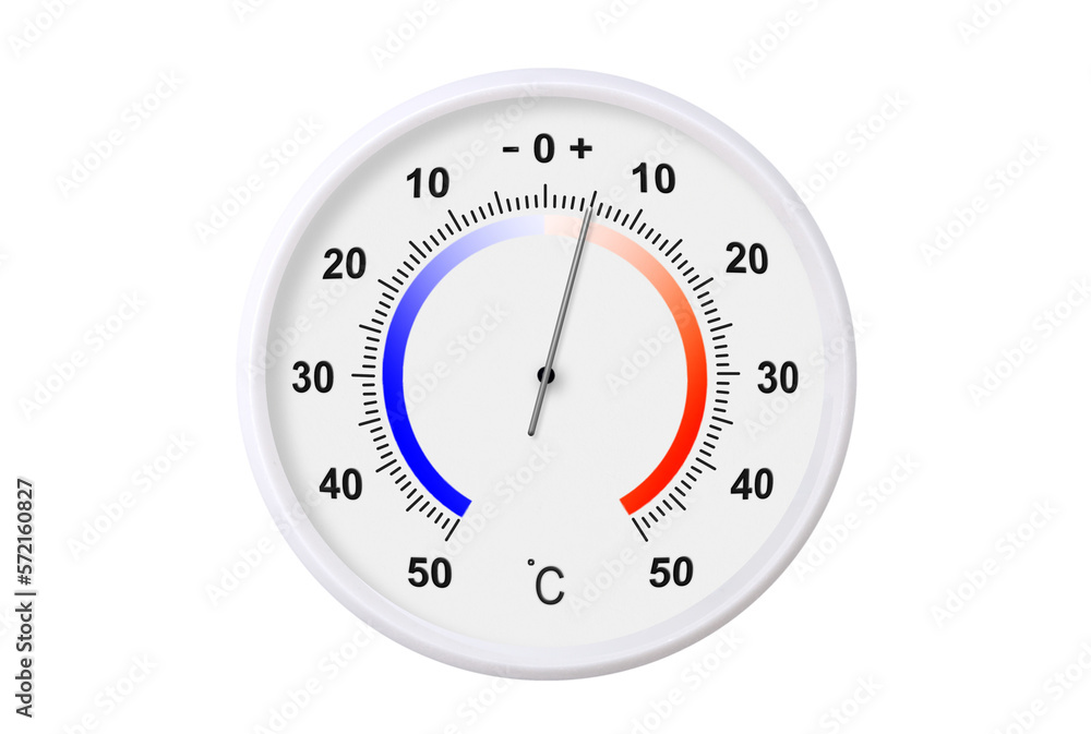 Celsius scale thermometer isolated on transparent background. PNG file. Ambient temperature plus 5 degrees - obrazy, fototapety, plakaty 