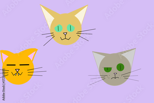 Different muzzles of cats on a gray background. Children's drawing