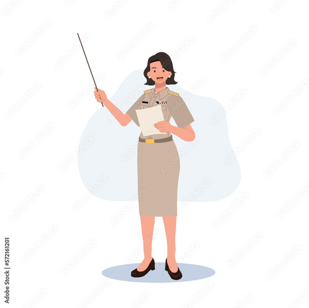 female Thai government officers in uniform. Woman Thai teacher holding pointer stick , explaining knowledge. Vector illustration female Thai government officers in uniform. Woman Thai teacher holding pointer stick , explaining knowledge. Vector illustration
