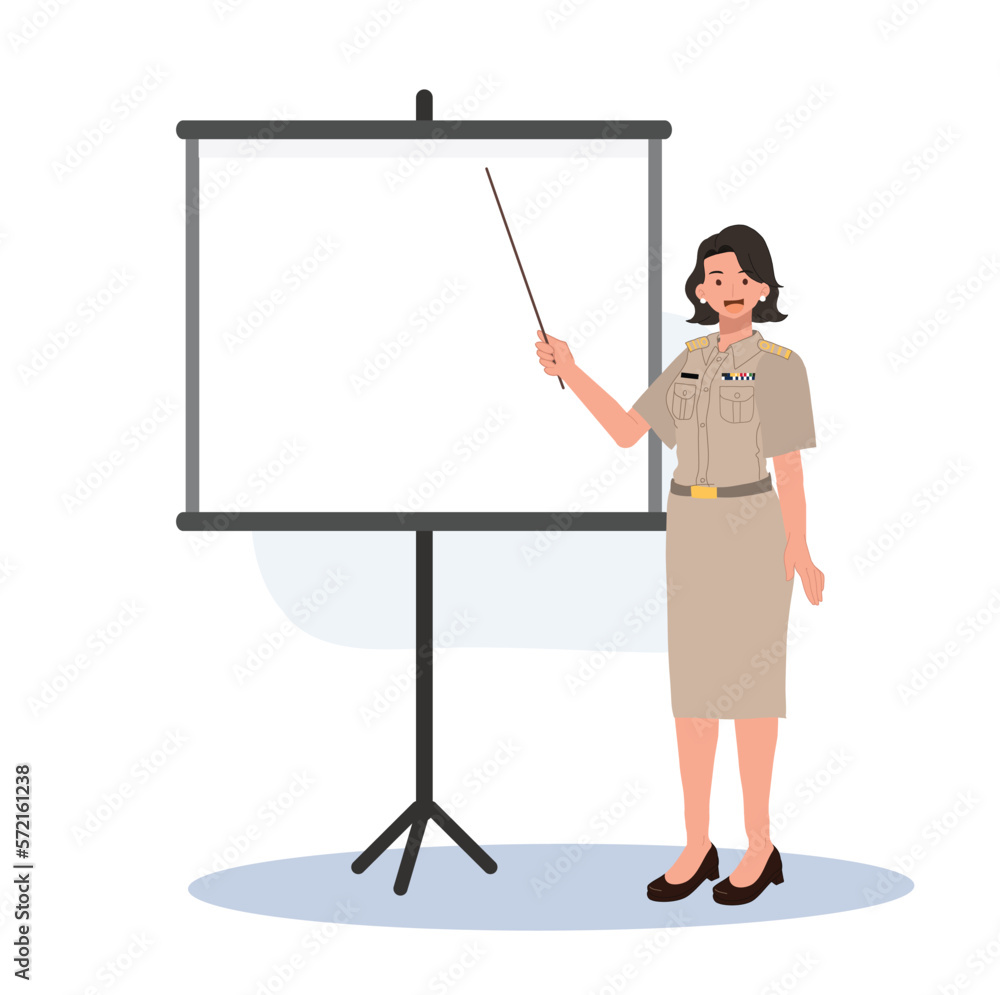 female Thai government officers in uniform. Woman Thai teacher holding pointer stick, explaining knowledge in board. Vector illustration female Thai government officers in uniform. Woman Thai teacher holding pointer stick, explaining knowledge in board. Vector illustration