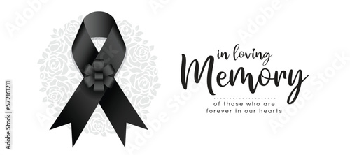 In loving memory of those who are forever in our hearts text and black ribbon with flower bow on circle rose texture background vector design photo
