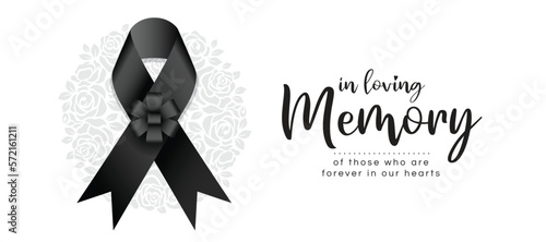 In loving memory of those who are forever in our hearts text and black ribbon with flower bow on circle rose texture background vector design