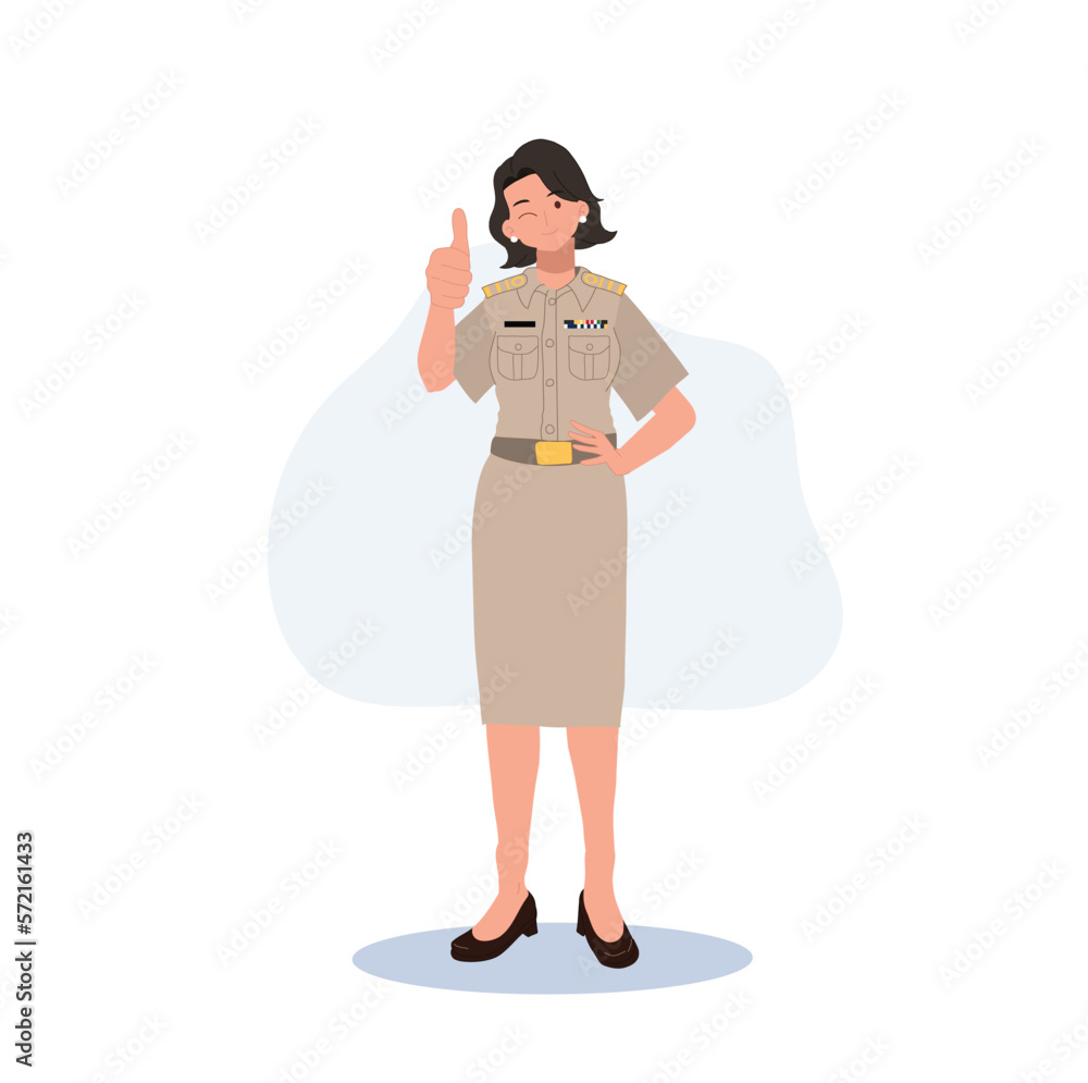 female Thai government officers in uniform. Woman Thai teacher giving thumb up, good job, very well. Vector illustration