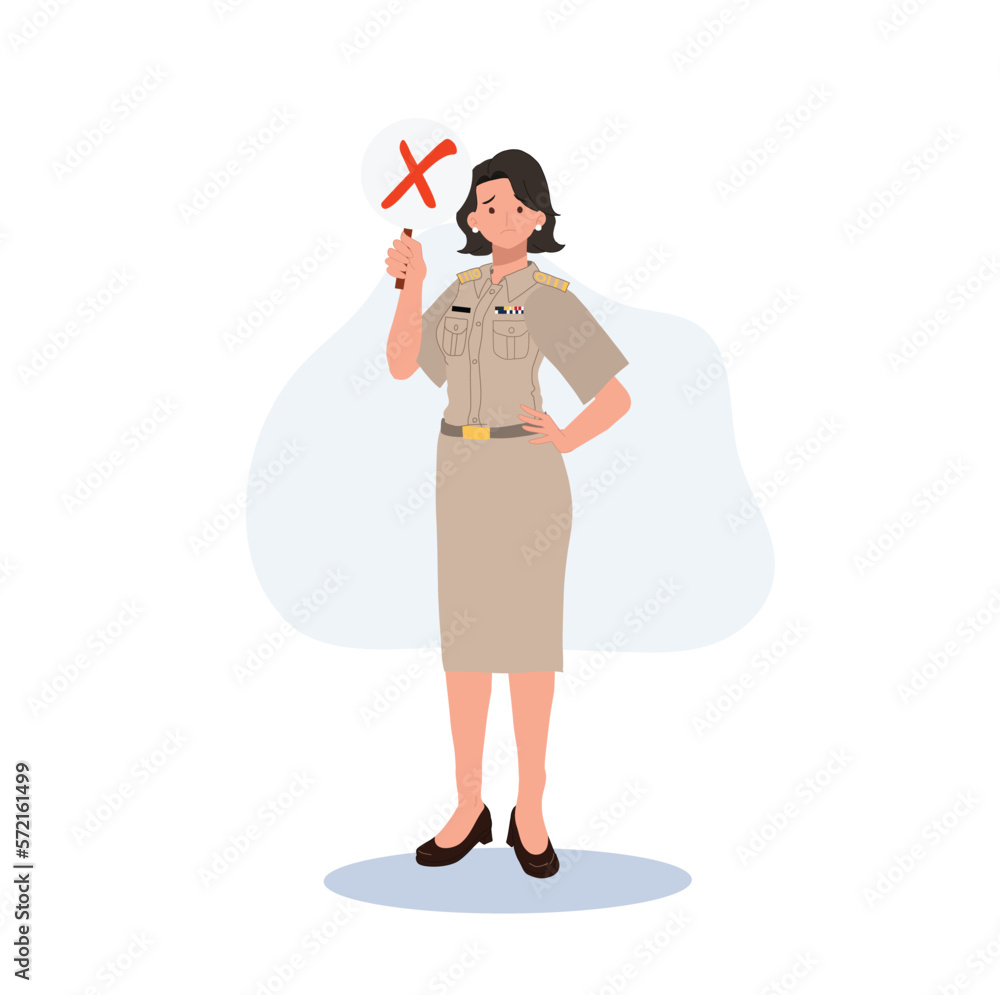 female Thai government officers in uniform. Woman Thai teacher holding false,incorrect,wrong mark sign, Vector illustration female Thai government officers in uniform. Woman Thai teacher holding false,incorrect,wrong mark sign, Vector illustration