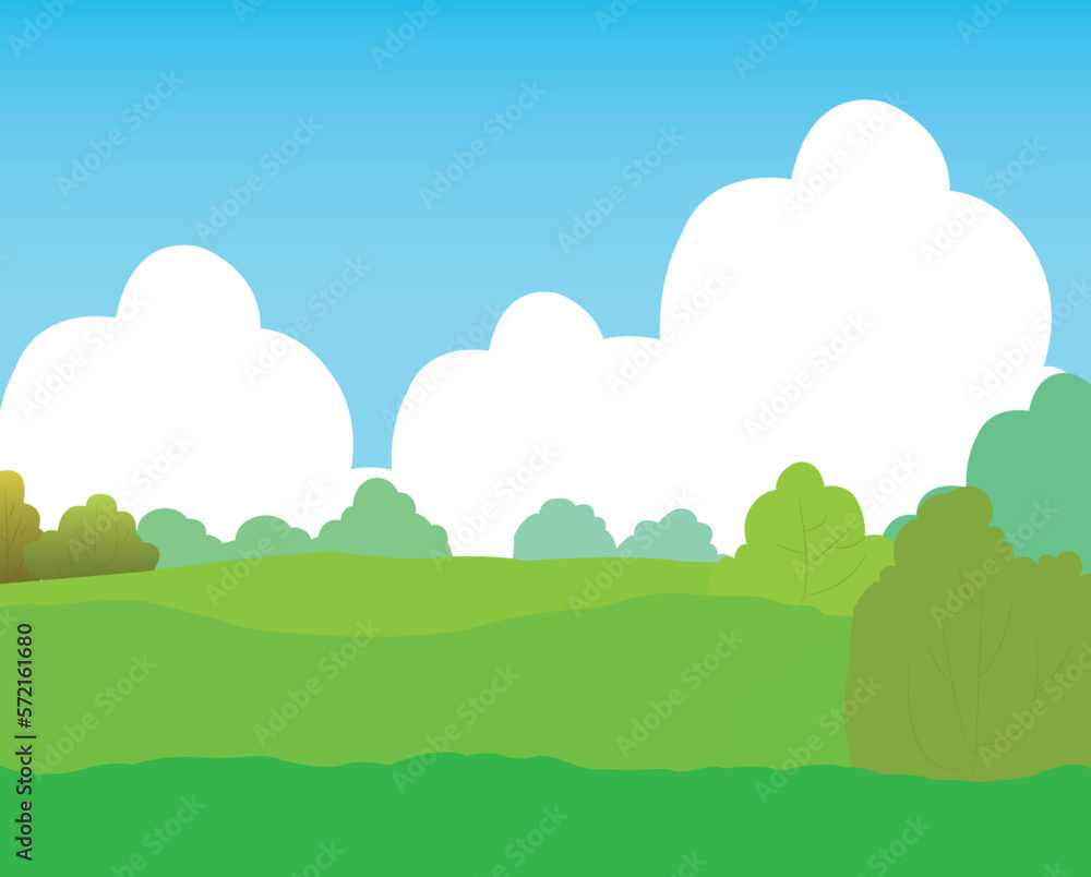 Vector illustration of beautiful summer fields landscape with a dawn, green hills, bright color blue sky, country background in flat cartoon style banner. Vector illustration of beautiful summer fields landscape with a dawn, green hills, bright color blue sky, country background in flat cartoon style banner.