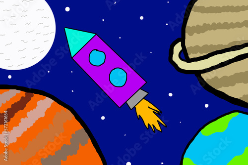 Space rocket in outer space against the background of stars and planets. Children's drawing