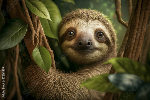 A cute sloth is hanging on a branch. Generative AI.