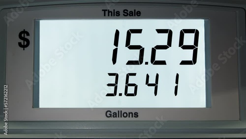 4K footage close-up of display with gas price counter in US dollars. The increase in the price per gallon on the screen as fuel enters the car's tank. Gasoline pump meter at a gas station. Sale price.
