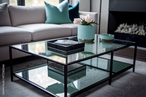 modern coffee table with a few simple decorative items such as a vase  plant  or book  AI Generated 