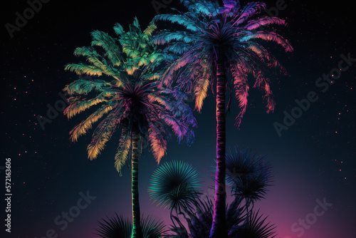 Tropical colorful neon palm landscape background