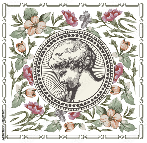 Angel Boy baby child birthday. Frame baroque. Drawing engraving. Vintage background realistic flowers. Wildflowers victorian carnation isolated. Greeting card. Vector Illustration.