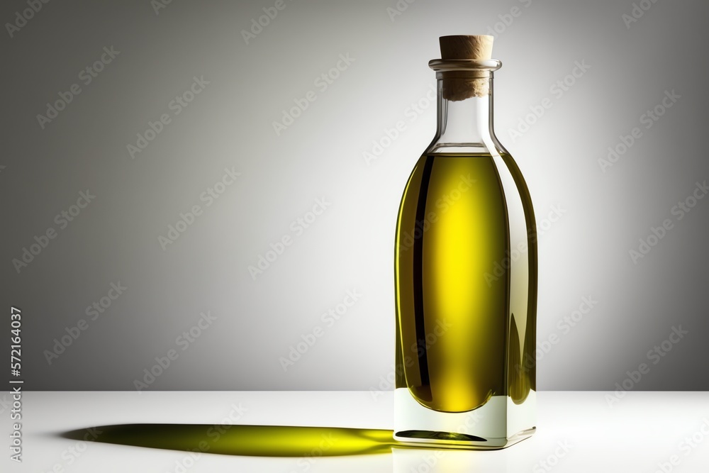 Bottle of fresh extra olive oil and green olives with leaves. Olive oil in the bottle. Generative AI Bottle of fresh extra olive oil and green olives with leaves. Olive oil in the bottle. Generative AI