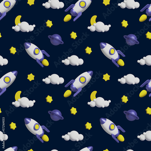 Flying saucer, rocket, stars, moon behind a cloud, planet. Realistic children's pattern for fabric, pajamas, bed linen