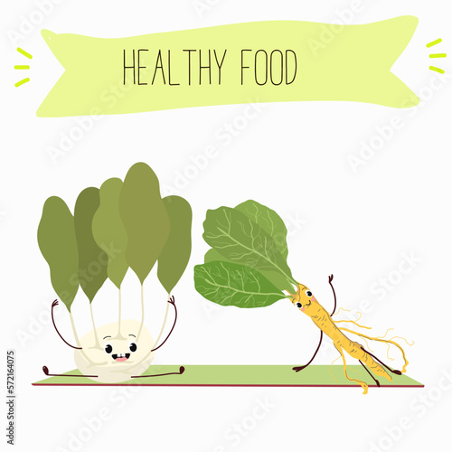 Vector Illustration with funny cartoon characters horseradish, kohlrabi. Funny and healthy food. Vitamins, cute face food, ingredients, vegetarian, vector cartoon, antioxidant.