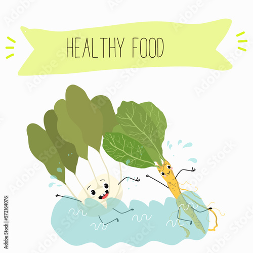 Vector Illustration with funny cartoon characters horseradish, kohlrabi. Funny and healthy food. Vitamins, cute face food, ingredients, vegetarian, vector cartoon, antioxidant.