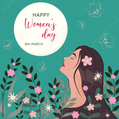 Happy international women's day 8th march colorful floral greeting card. Vivid holiday background with long hair woman and watercolors flowers. Trendy vector illustration design.