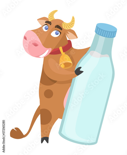 Cute cow holding glass bottle with milk vector