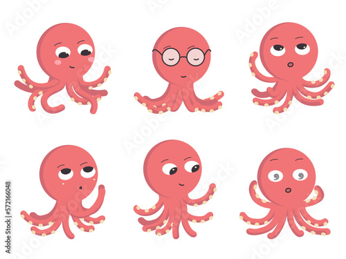 Set of six cartoon red octopus characters in different poses and different emotions. Colored vector flat illustration isolated on white background.
