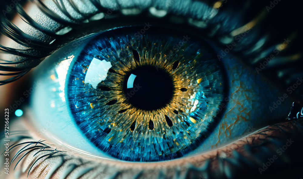 A captivating photograph capturing the intricate details of a human blue eye up close, revealing the striking beauty and complexity of the iris
