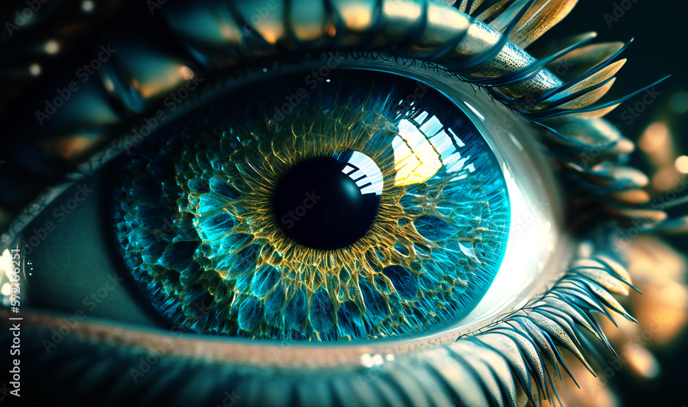 A captivating photograph capturing the intricate details of a human blue eye up close, revealing the striking beauty and complexity of the iris