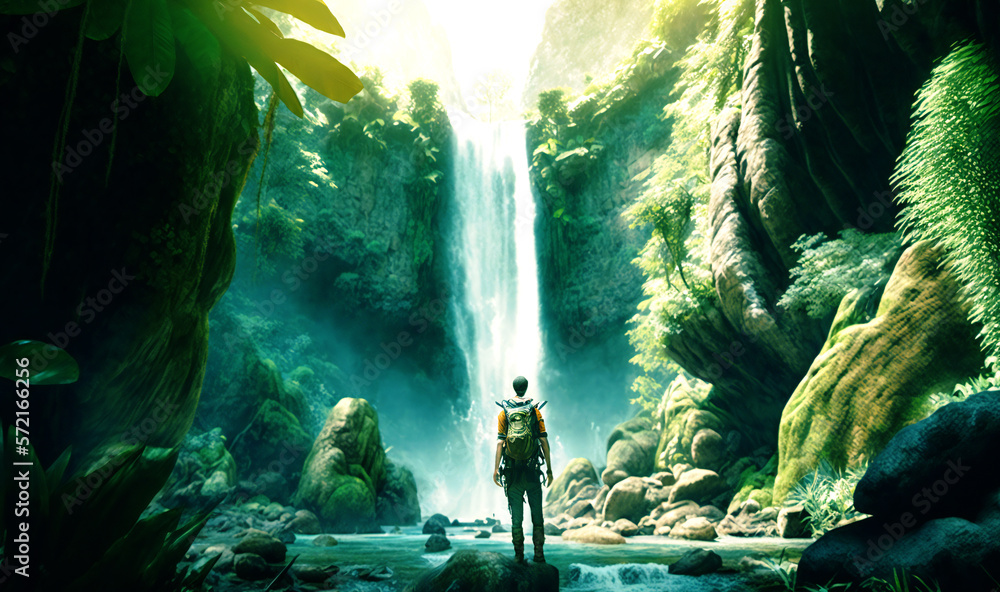 A breathtaking image of a daring adventurer standing in front of a majestic tropical waterfall, surrounded by lush greenery and rushing water