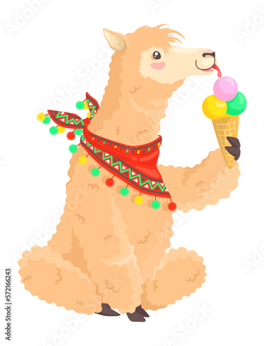 Cute llama alpaca leaking ice-cream vector icon
