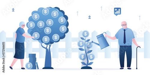 Elderly people grow money trees. Saving money for old age. Pension fund, investment in prosperous and peaceful old age. Couple of old people earn passive income.