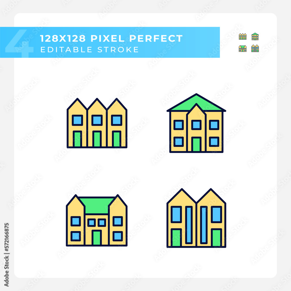 Luxury houses pixel perfect RGB color icons set. Townhouse and mansion. Single family detached home. Isolated vector illustrations. Simple filled line drawings collection. Editable stroke Luxury houses pixel perfect RGB color icons set. Townhouse and mansion. Single family detached home. Isolated vector illustrations. Simple filled line drawings collection. Editable stroke
