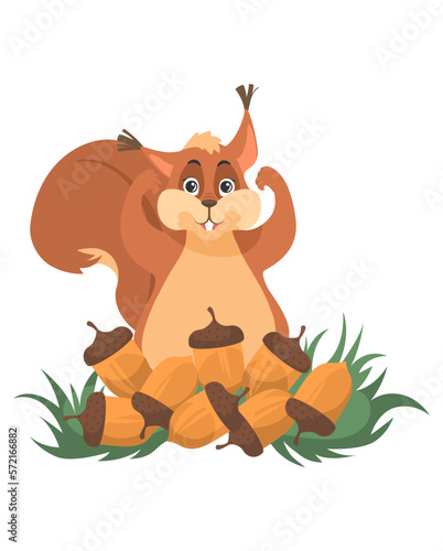 Cute squirrel harvesting acorn cartoon vector icon