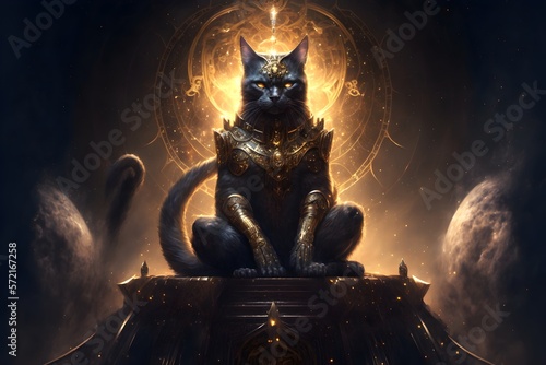Golden black armor cat sitting on cosmic throne. Generative AI illustrations