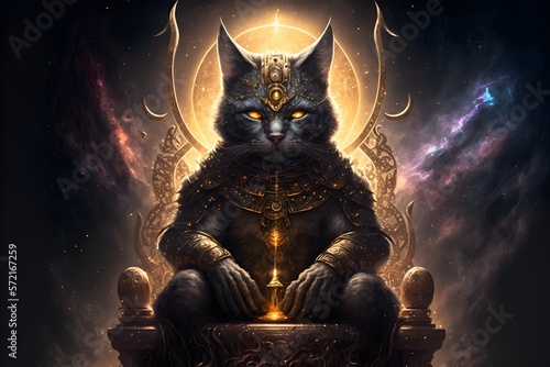Golden black armor cat sitting on cosmic throne. Generative AI illustrations