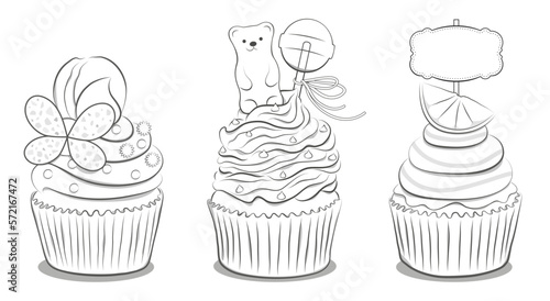 Coloriage gourmand de gâteaux style cupcake, cuisine créative, dessert décoré pour les fêtes d'anniversaire, pâtisserie pour enfant avec de l'imagination 