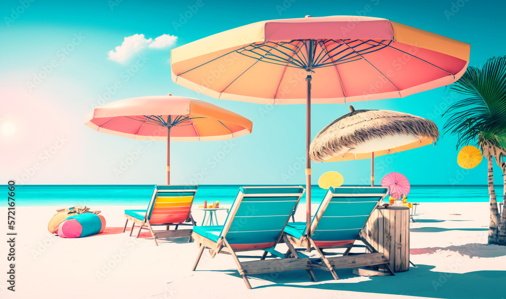 A vibrant tropical beach with beach chairs, umbrellas, and other sunbathing accessories set blue sea and sky - the perfect summer holiday getaway