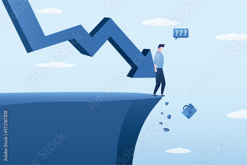 Falling graph pushes businessman to abyss. Economic and financial crisis, bankruptcy of male entrepreneur. Dismissal of an employee due to financial problems at company. Risk management