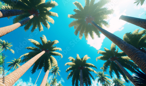 Gaze up at the towering palm trees against a vintage blue sky  transporting yourself to a tranquil tropical beach paradise